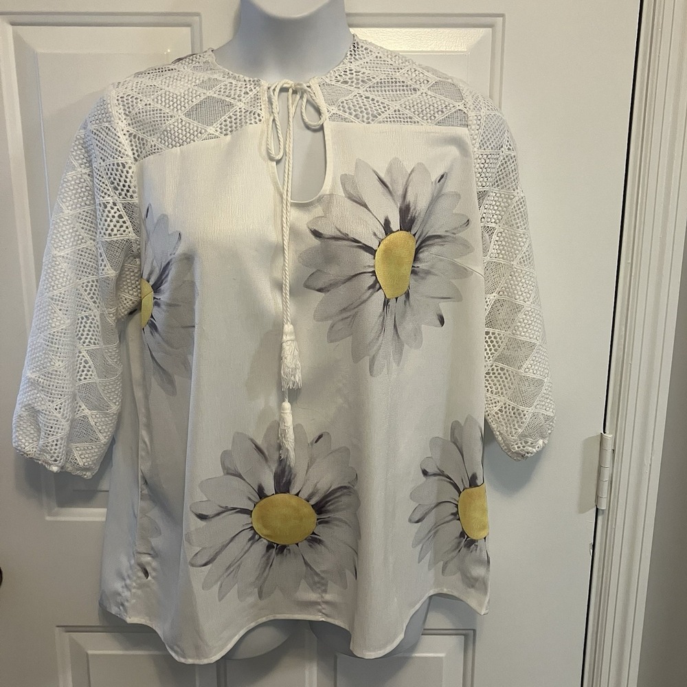 Sheilay Size XXL White Daisy Shirt Top Crochet Women's Boho Peasant Cottage Core